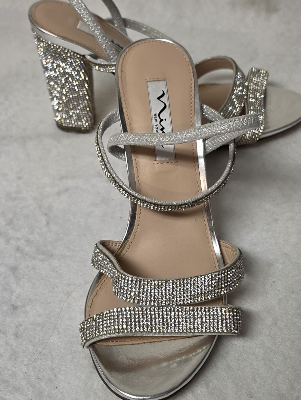 Nina Shoes Silver Crystal Block Heel Sandals